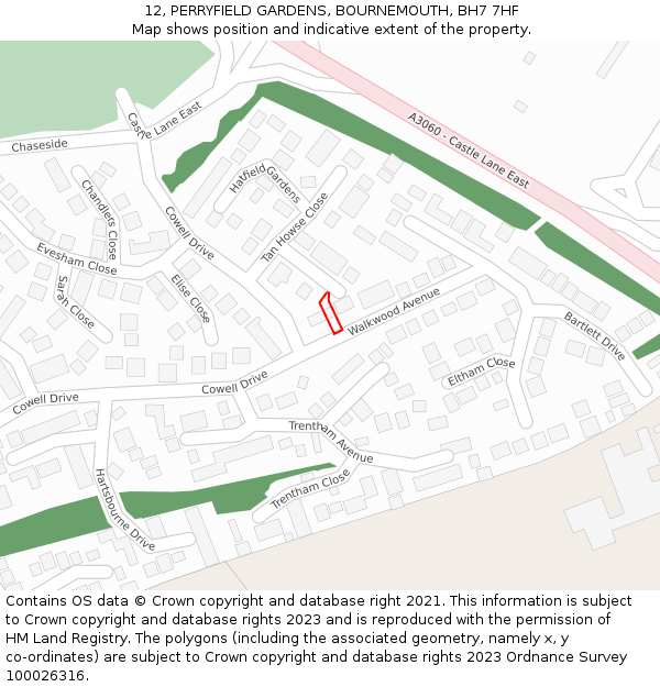 12, PERRYFIELD GARDENS, BOURNEMOUTH, BH7 7HF: Location map and indicative extent of plot