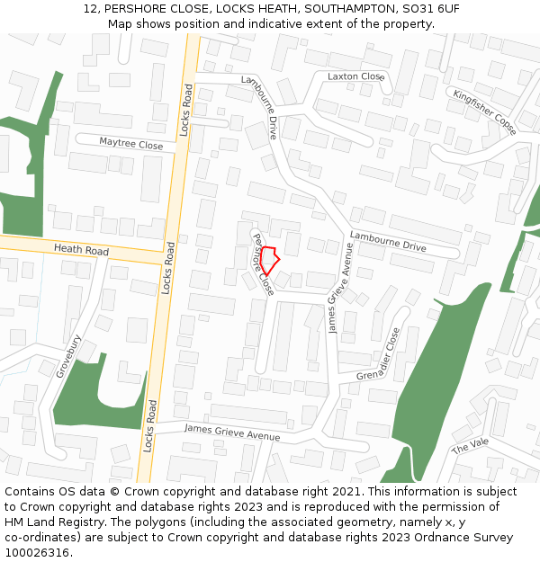 12, PERSHORE CLOSE, LOCKS HEATH, SOUTHAMPTON, SO31 6UF: Location map and indicative extent of plot