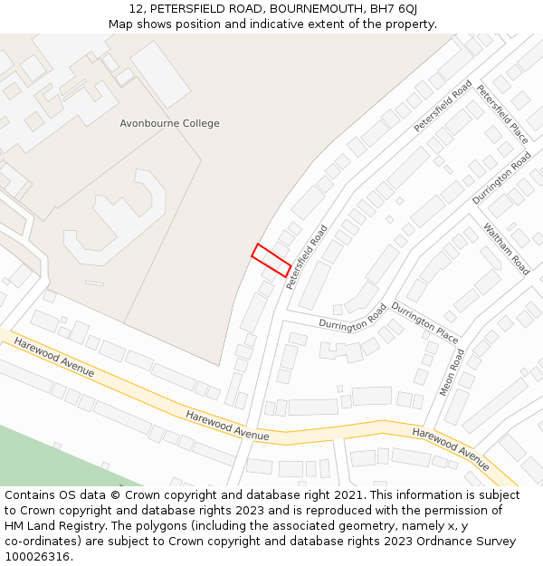 12, PETERSFIELD ROAD, BOURNEMOUTH, BH7 6QJ: Location map and indicative extent of plot