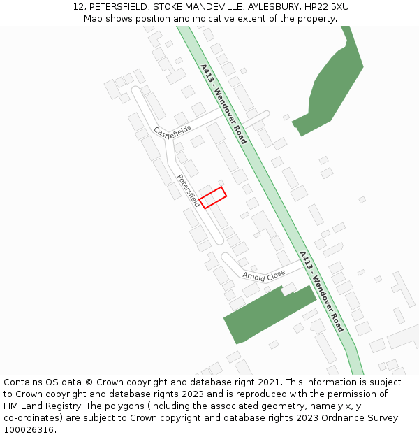 12, PETERSFIELD, STOKE MANDEVILLE, AYLESBURY, HP22 5XU: Location map and indicative extent of plot