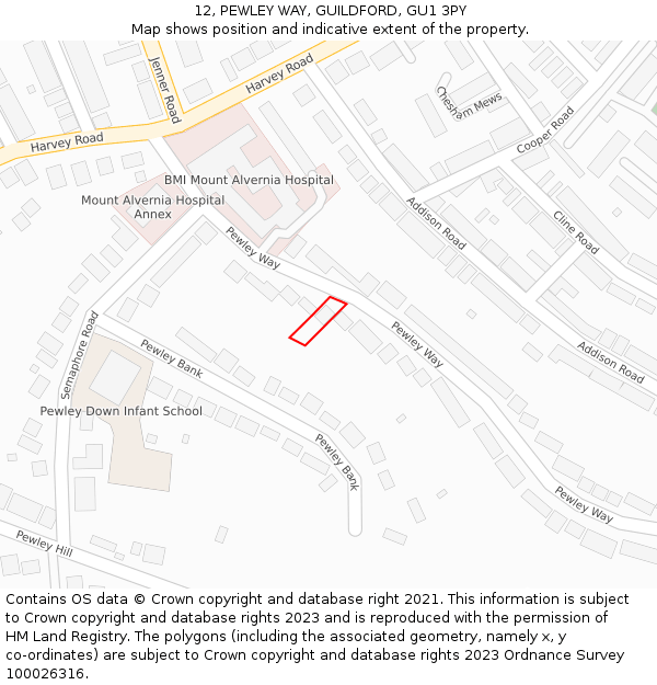 12, PEWLEY WAY, GUILDFORD, GU1 3PY: Location map and indicative extent of plot