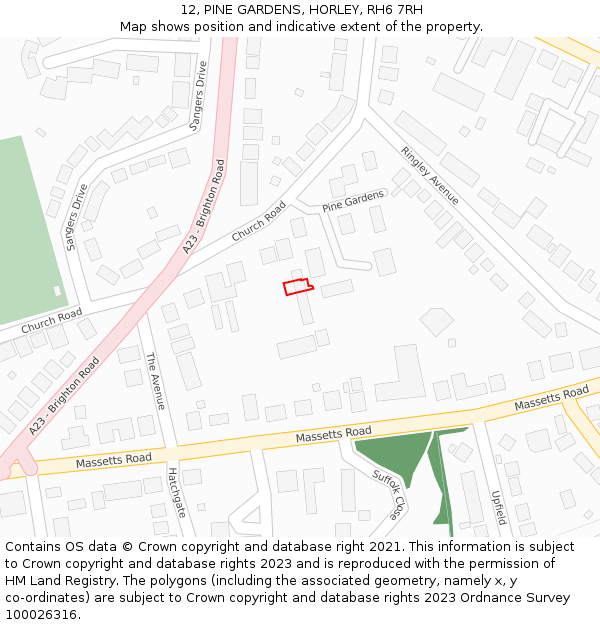 12, PINE GARDENS, HORLEY, RH6 7RH: Location map and indicative extent of plot