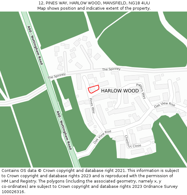 12, PINES WAY, HARLOW WOOD, MANSFIELD, NG18 4UU: Location map and indicative extent of plot