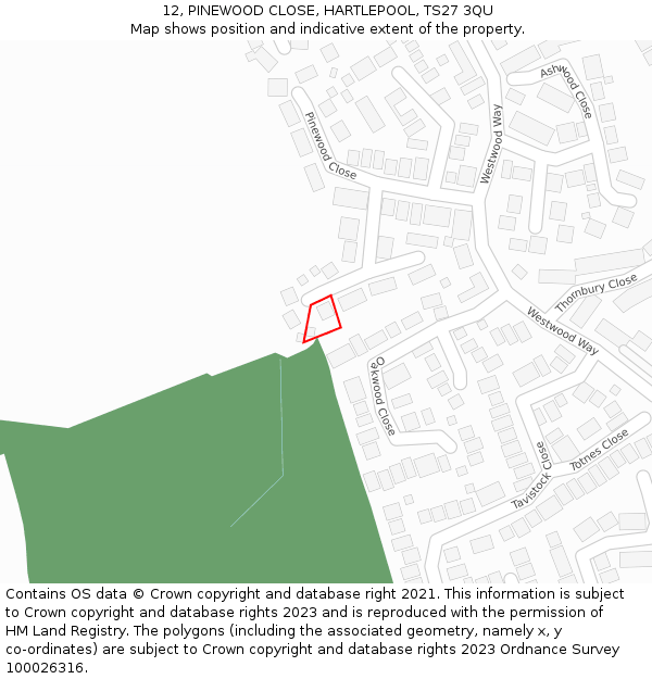 12, PINEWOOD CLOSE, HARTLEPOOL, TS27 3QU: Location map and indicative extent of plot