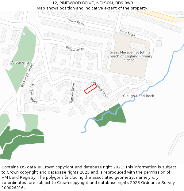 12, PINEWOOD DRIVE, NELSON, BB9 0WB: Location map and indicative extent of plot