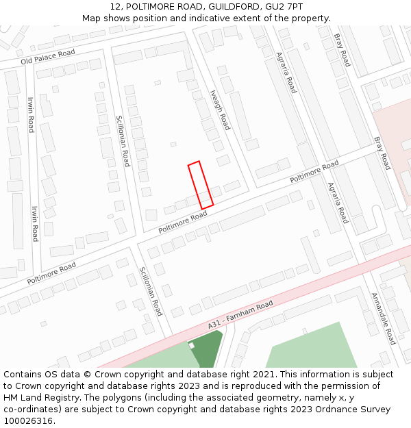 12, POLTIMORE ROAD, GUILDFORD, GU2 7PT: Location map and indicative extent of plot