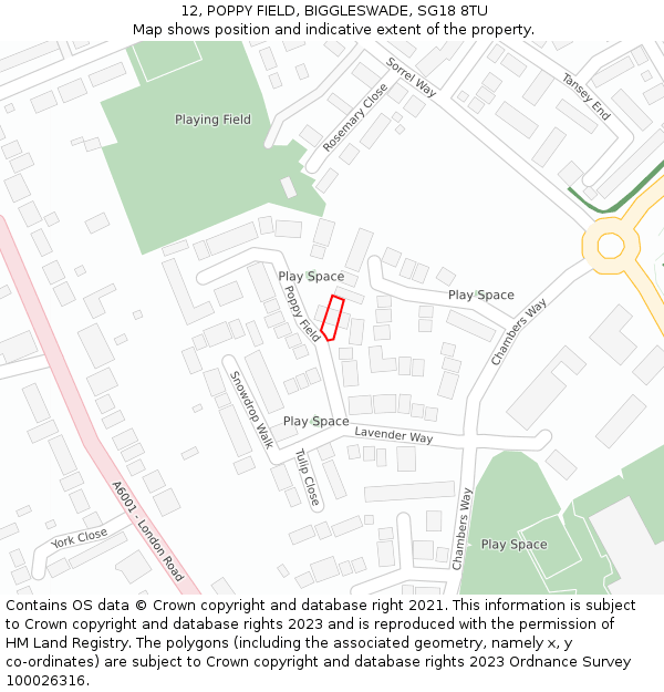 12, POPPY FIELD, BIGGLESWADE, SG18 8TU: Location map and indicative extent of plot