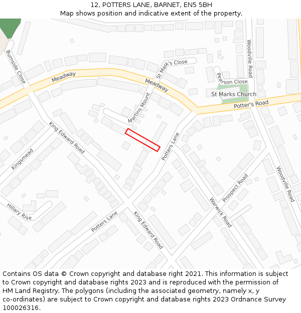 12, POTTERS LANE, BARNET, EN5 5BH: Location map and indicative extent of plot