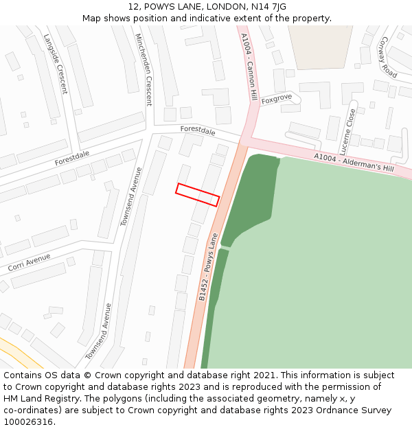 12, POWYS LANE, LONDON, N14 7JG: Location map and indicative extent of plot