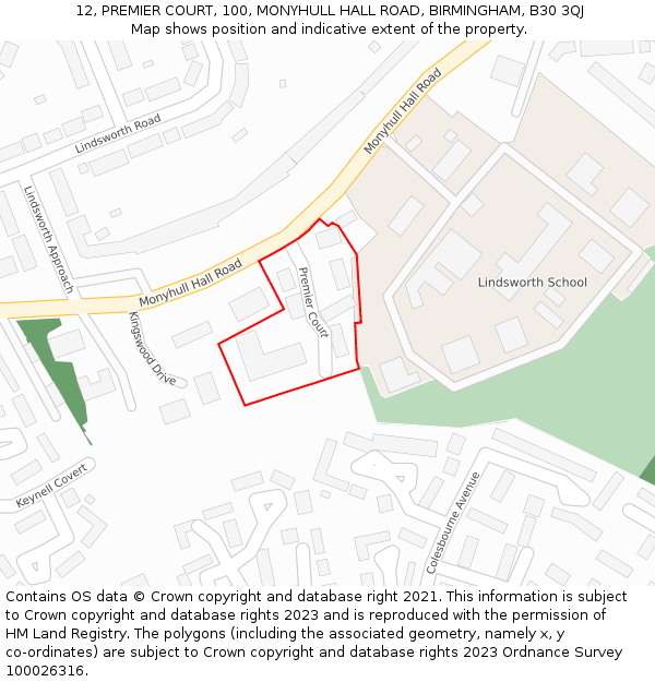 12, PREMIER COURT, 100, MONYHULL HALL ROAD, BIRMINGHAM, B30 3QJ: Location map and indicative extent of plot