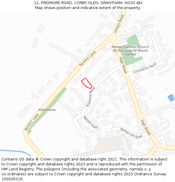 12, PRIDMORE ROAD, CORBY GLEN, GRANTHAM, NG33 4JN: Location map and indicative extent of plot