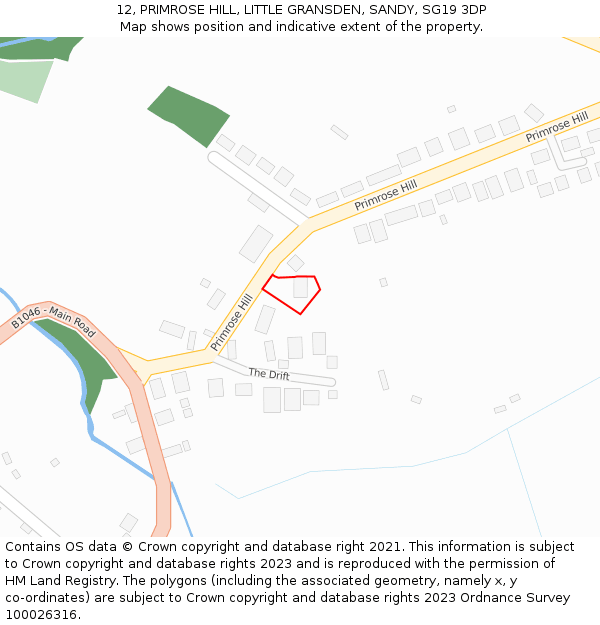 12, PRIMROSE HILL, LITTLE GRANSDEN, SANDY, SG19 3DP: Location map and indicative extent of plot