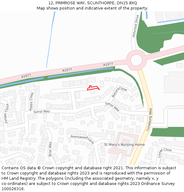 12, PRIMROSE WAY, SCUNTHORPE, DN15 8XQ: Location map and indicative extent of plot
