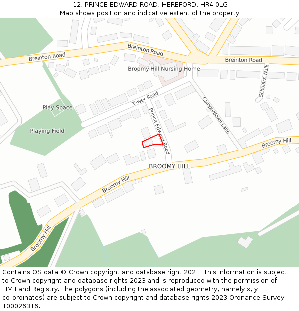 12, PRINCE EDWARD ROAD, HEREFORD, HR4 0LG: Location map and indicative extent of plot