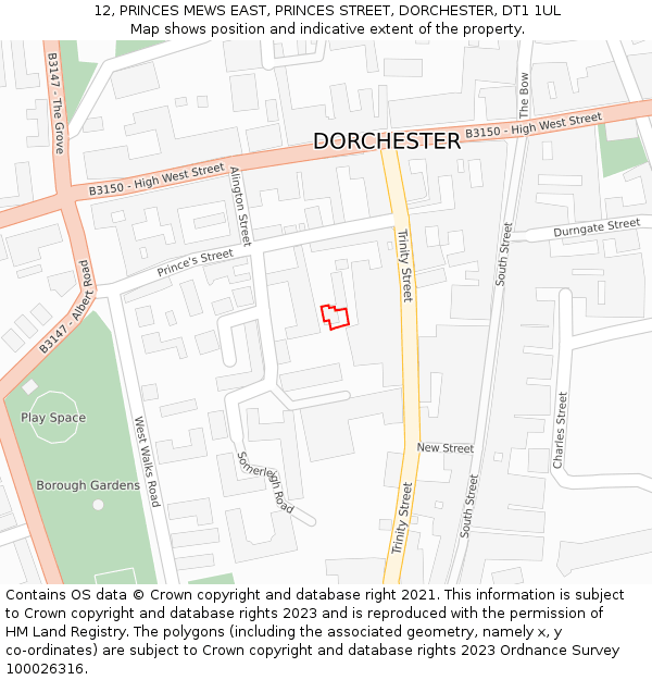 12, PRINCES MEWS EAST, PRINCES STREET, DORCHESTER, DT1 1UL: Location map and indicative extent of plot