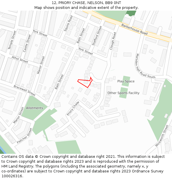 12, PRIORY CHASE, NELSON, BB9 0NT: Location map and indicative extent of plot