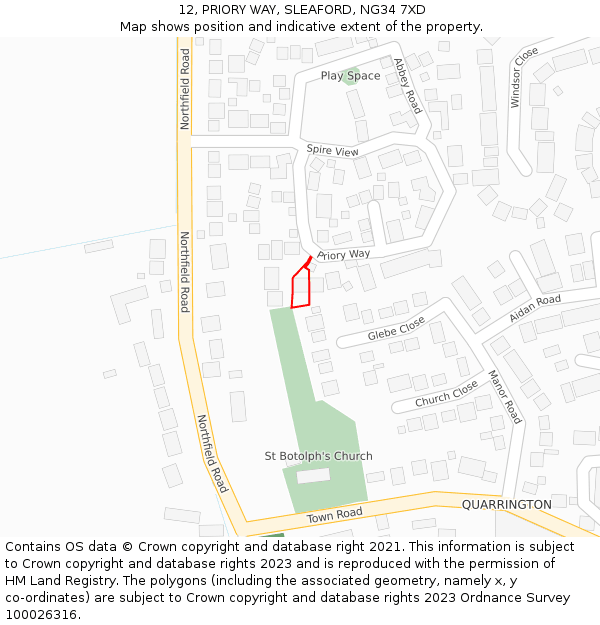 12, PRIORY WAY, SLEAFORD, NG34 7XD: Location map and indicative extent of plot