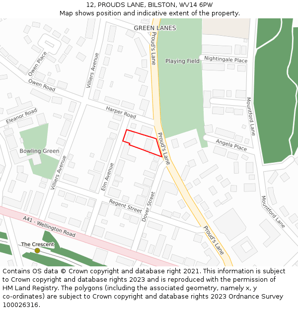 12, PROUDS LANE, BILSTON, WV14 6PW: Location map and indicative extent of plot