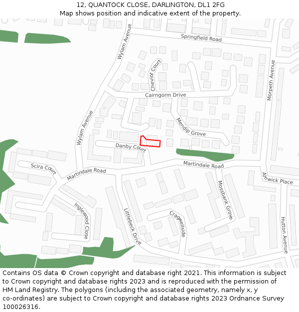 12, QUANTOCK CLOSE, DARLINGTON, DL1 2FG: Location map and indicative extent of plot