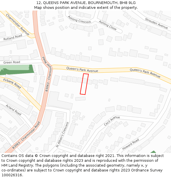 12, QUEENS PARK AVENUE, BOURNEMOUTH, BH8 9LG: Location map and indicative extent of plot