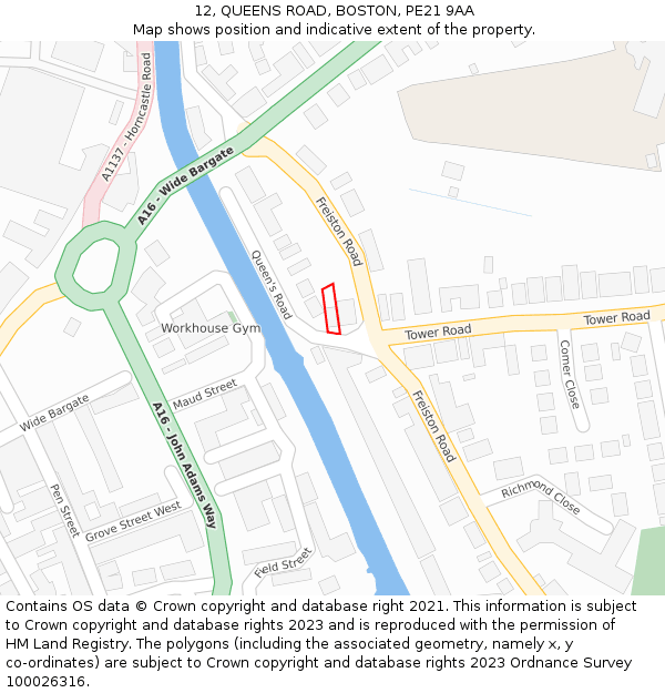 12, QUEENS ROAD, BOSTON, PE21 9AA: Location map and indicative extent of plot