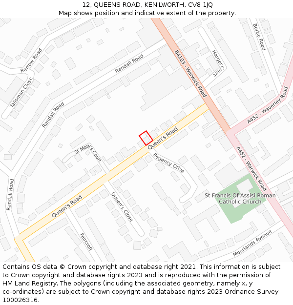 12, QUEENS ROAD, KENILWORTH, CV8 1JQ: Location map and indicative extent of plot