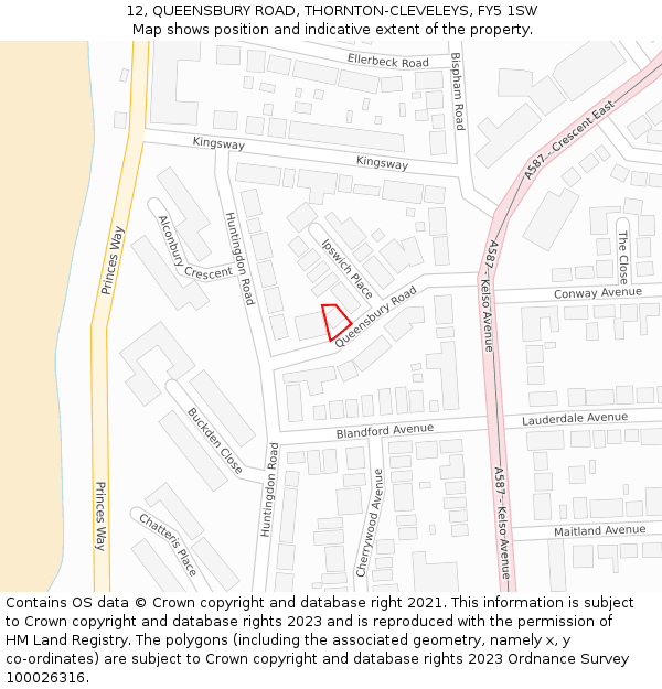 12, QUEENSBURY ROAD, THORNTON-CLEVELEYS, FY5 1SW: Location map and indicative extent of plot