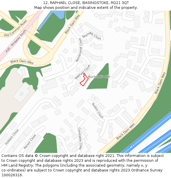 12, RAPHAEL CLOSE, BASINGSTOKE, RG21 3QT: Location map and indicative extent of plot