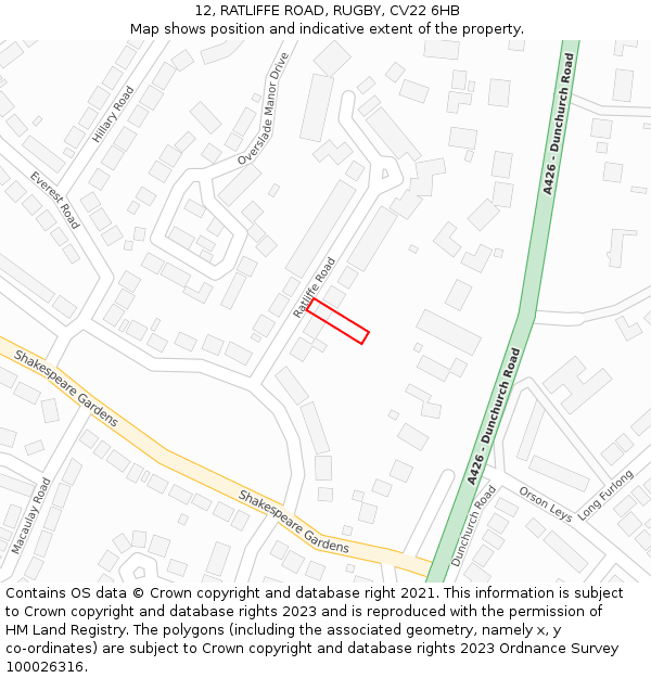 12, RATLIFFE ROAD, RUGBY, CV22 6HB: Location map and indicative extent of plot