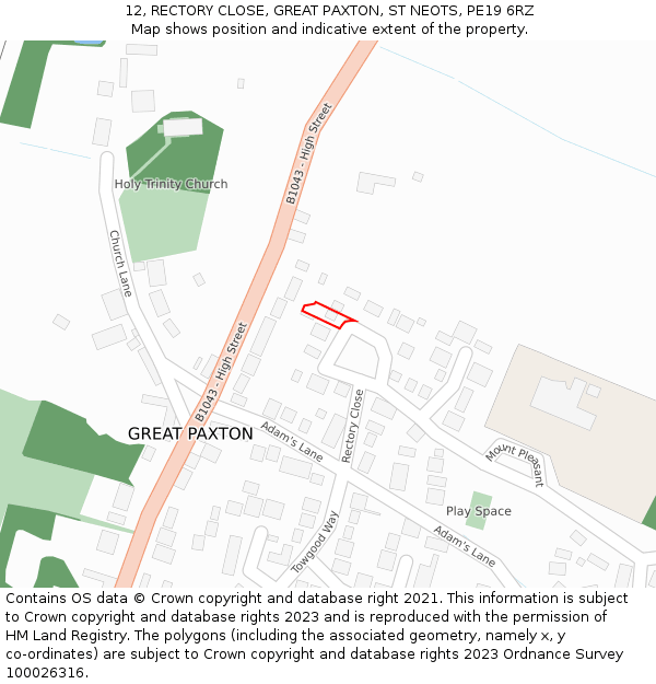 12, RECTORY CLOSE, GREAT PAXTON, ST NEOTS, PE19 6RZ: Location map and indicative extent of plot