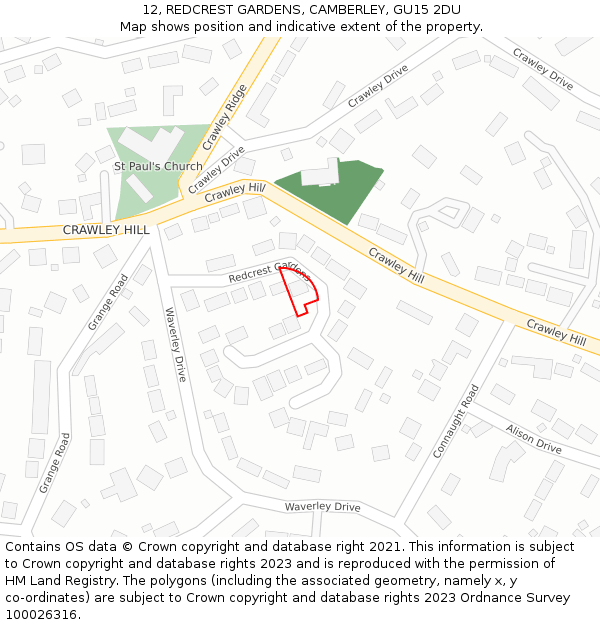 12, REDCREST GARDENS, CAMBERLEY, GU15 2DU: Location map and indicative extent of plot