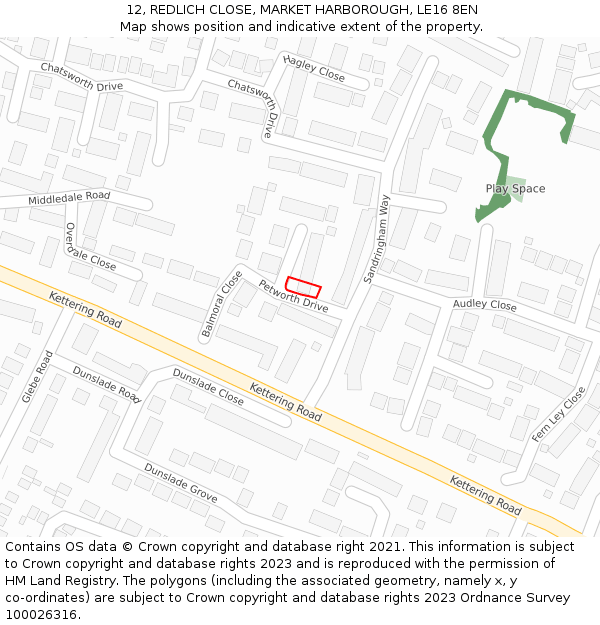 12, REDLICH CLOSE, MARKET HARBOROUGH, LE16 8EN: Location map and indicative extent of plot