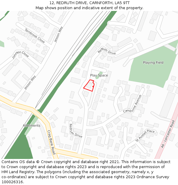12, REDRUTH DRIVE, CARNFORTH, LA5 9TT: Location map and indicative extent of plot