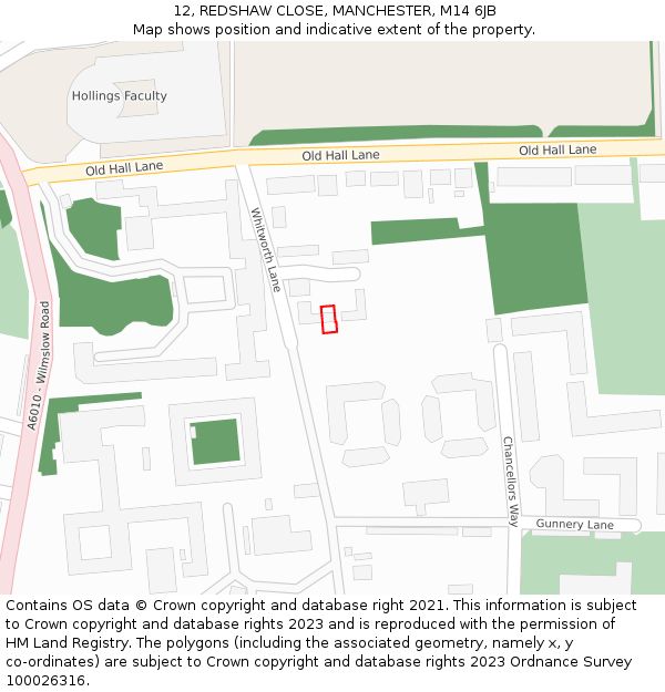 12, REDSHAW CLOSE, MANCHESTER, M14 6JB: Location map and indicative extent of plot