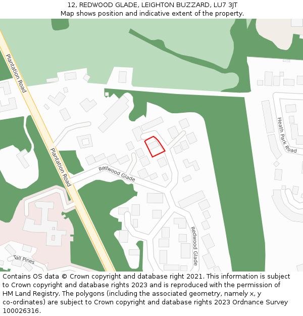 12, REDWOOD GLADE, LEIGHTON BUZZARD, LU7 3JT: Location map and indicative extent of plot