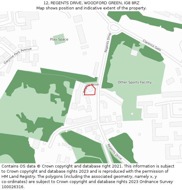 12, REGENTS DRIVE, WOODFORD GREEN, IG8 8RZ: Location map and indicative extent of plot