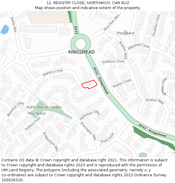 12, REGISTRY CLOSE, NORTHWICH, CW9 8UZ: Location map and indicative extent of plot