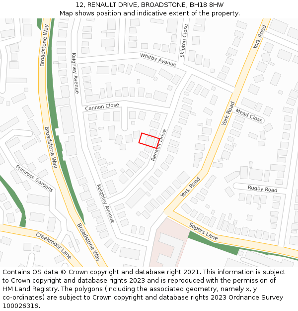 12, RENAULT DRIVE, BROADSTONE, BH18 8HW: Location map and indicative extent of plot