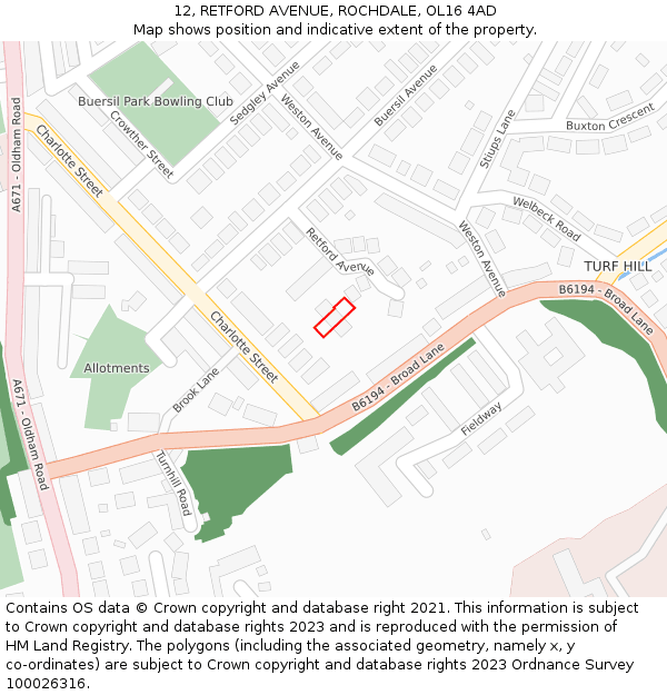 12, RETFORD AVENUE, ROCHDALE, OL16 4AD: Location map and indicative extent of plot