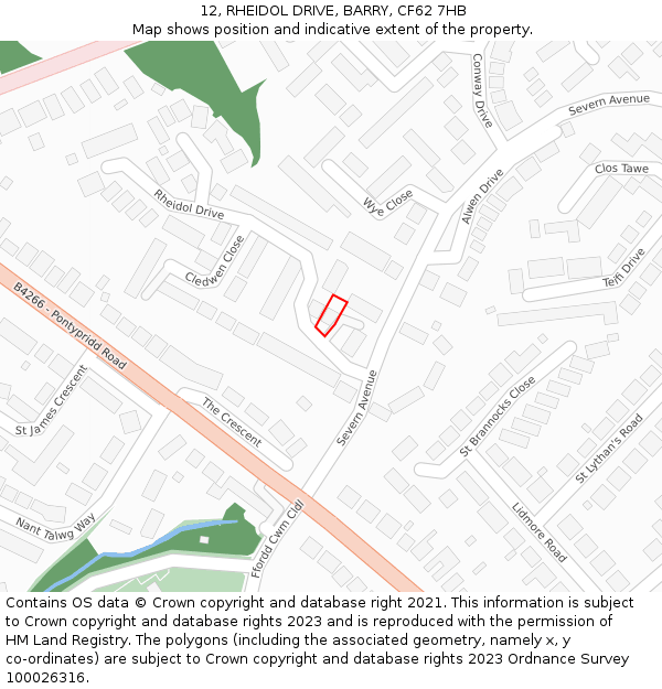 12, RHEIDOL DRIVE, BARRY, CF62 7HB: Location map and indicative extent of plot