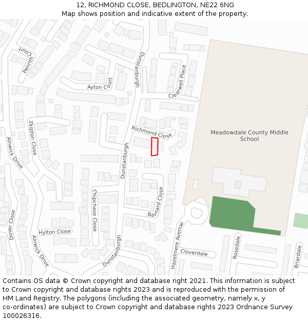 12, RICHMOND CLOSE, BEDLINGTON, NE22 6NG: Location map and indicative extent of plot