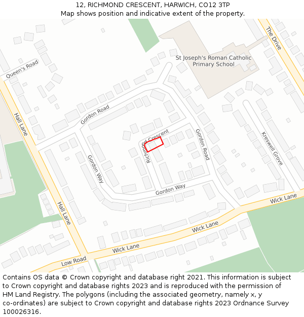 12, RICHMOND CRESCENT, HARWICH, CO12 3TP: Location map and indicative extent of plot