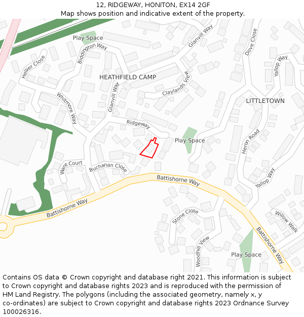 12, RIDGEWAY, HONITON, EX14 2GF: Location map and indicative extent of plot