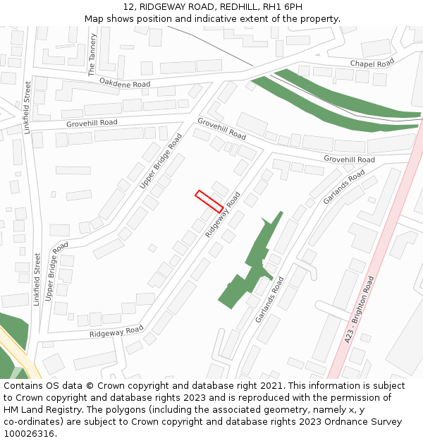 12, RIDGEWAY ROAD, REDHILL, RH1 6PH: Location map and indicative extent of plot