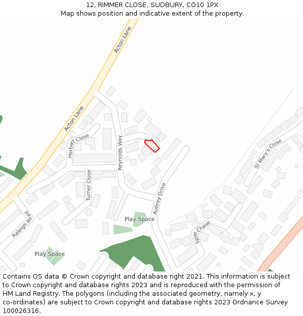 12, RIMMER CLOSE, SUDBURY, CO10 1PX: Location map and indicative extent of plot