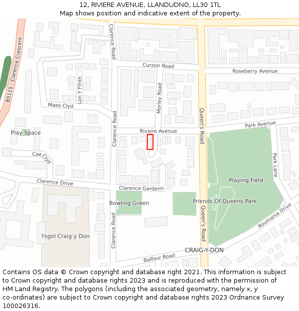 12, RIVIERE AVENUE, LLANDUDNO, LL30 1TL: Location map and indicative extent of plot