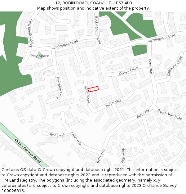 12, ROBIN ROAD, COALVILLE, LE67 4LB: Location map and indicative extent of plot