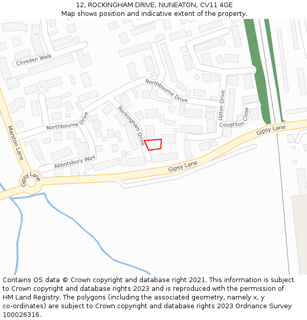 12, ROCKINGHAM DRIVE, NUNEATON, CV11 4GE: Location map and indicative extent of plot