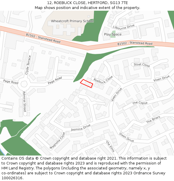 12, ROEBUCK CLOSE, HERTFORD, SG13 7TE: Location map and indicative extent of plot