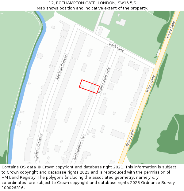 12, ROEHAMPTON GATE, LONDON, SW15 5JS: Location map and indicative extent of plot